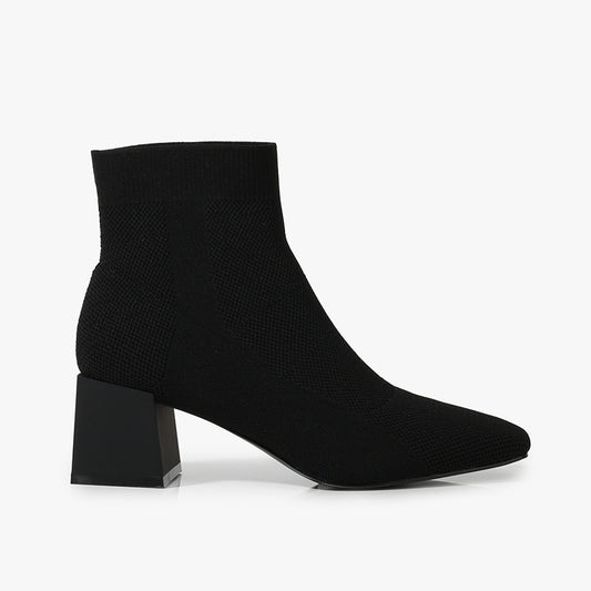 All-match Stretch Knitted High Heel Solid Color Chunky Heel Square Toe Booties Women