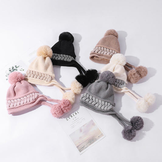 Color-blocking Twist Three-hair Ball Ear Protection Wool Hat