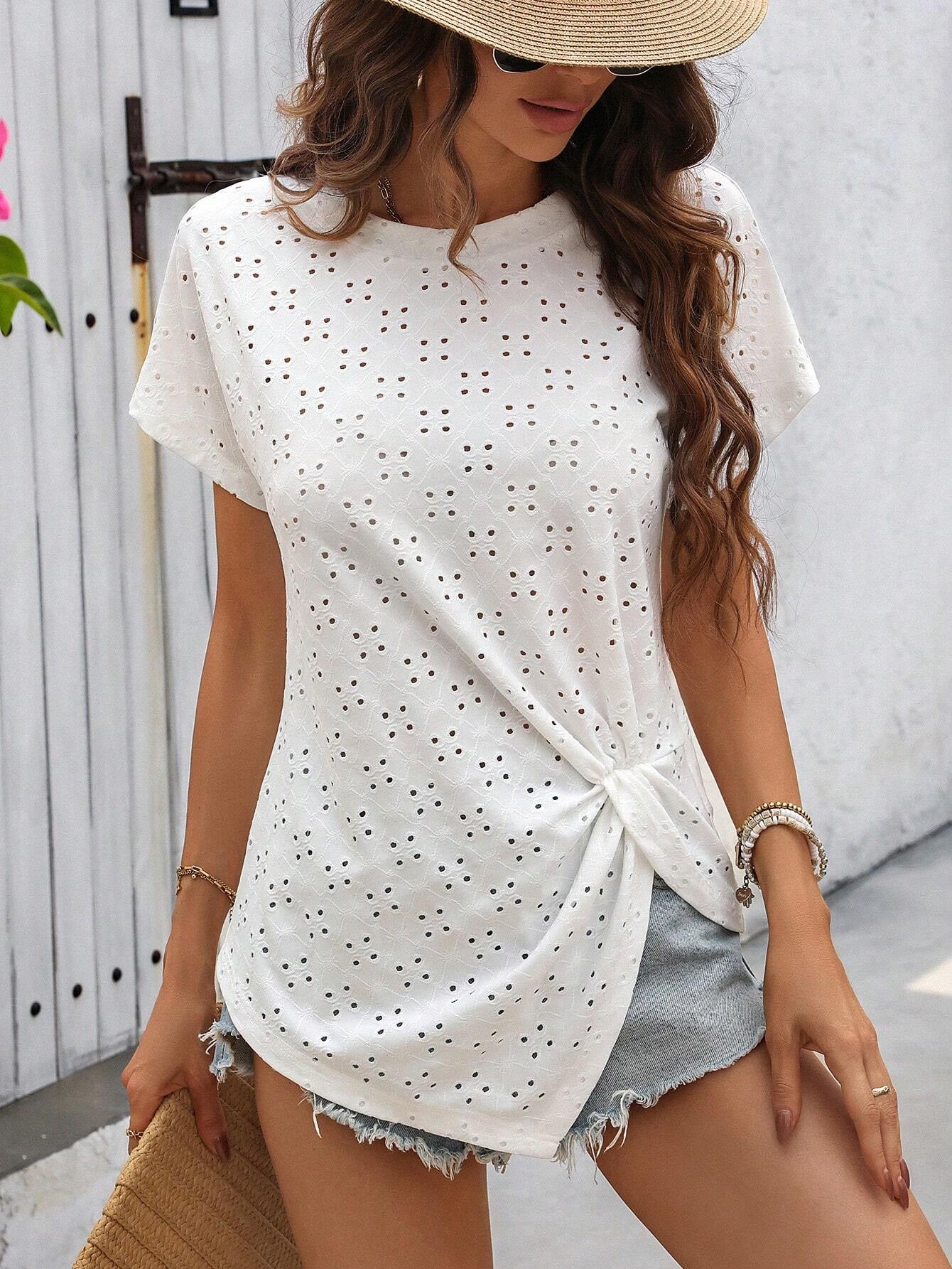 Fashion Casual Kvinder Ensfarvet Frisk Jacquard Plisseret Rundhalset T-shirt