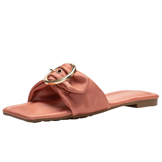 Korean Style Fashion Belt Buckle Flat Heel Women's Shoes Solid Color Square Toe Sandals