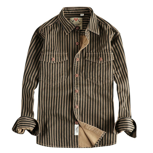 American Retro Trend Stripes Men's Long-sleeved Shirt Woven Cotton Washed Comfort And Casual Overalls