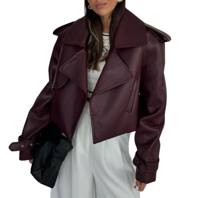 Manteau en cuir uni court et ample pour femme