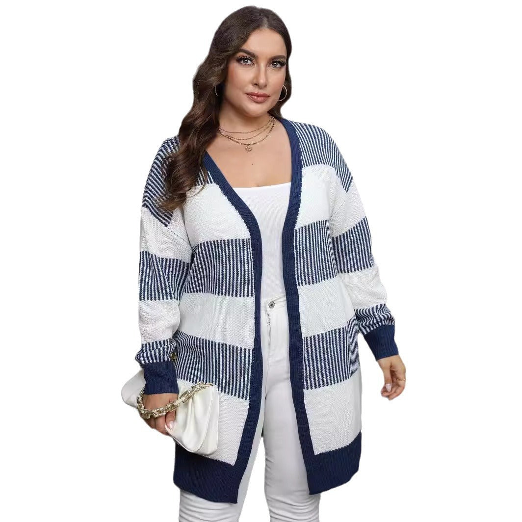 Contrast Color Striped Stitching Woven Casual Sweater Coat