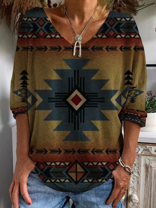 Womens Loose-fitting Geometric-print V-neck Long-sleeve Top