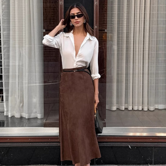Brushed Velvet Brown Slim-fit High Waist Straight Skirt