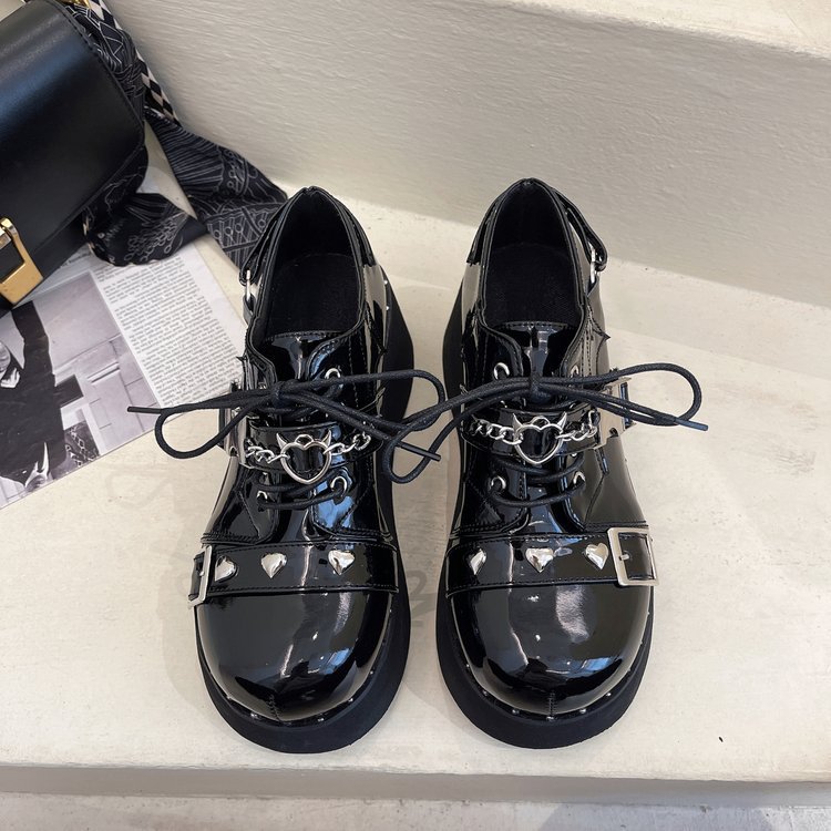 Thick Bottom Increased By Student Chain Mary Jane Shoes Black