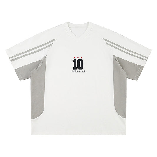 American Retro Mixed Color Stripe Sports Embroidery Short Sleeve