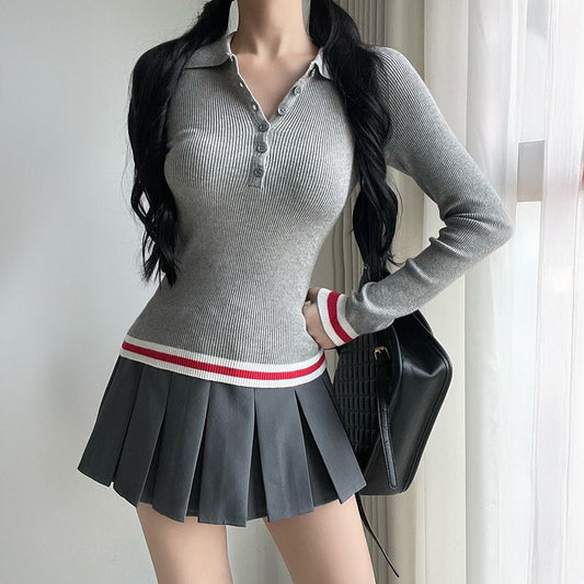 Elegant Commuter Lapel Long-Sleeve Knit Top