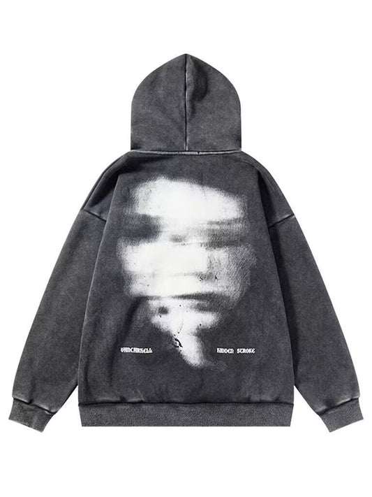 American Style Oversize Vintage Distressed Printed Letter Zipper Hooded Sweater