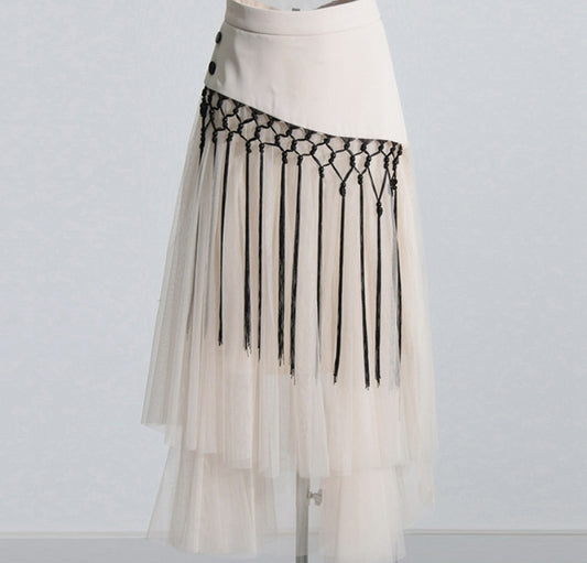 Retro Machine Embroidery Mid-high Waist Buckle Mesh Stitching Skirt
