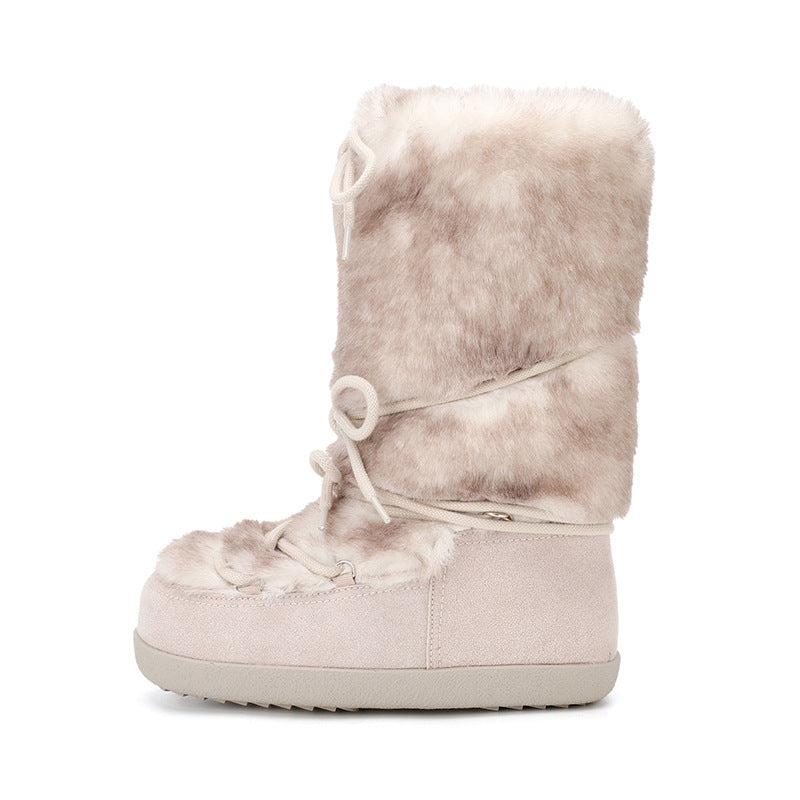 Womens Casual Thin-Strapped Insulated Flat-Heeled Mid-Calf Snow Boots