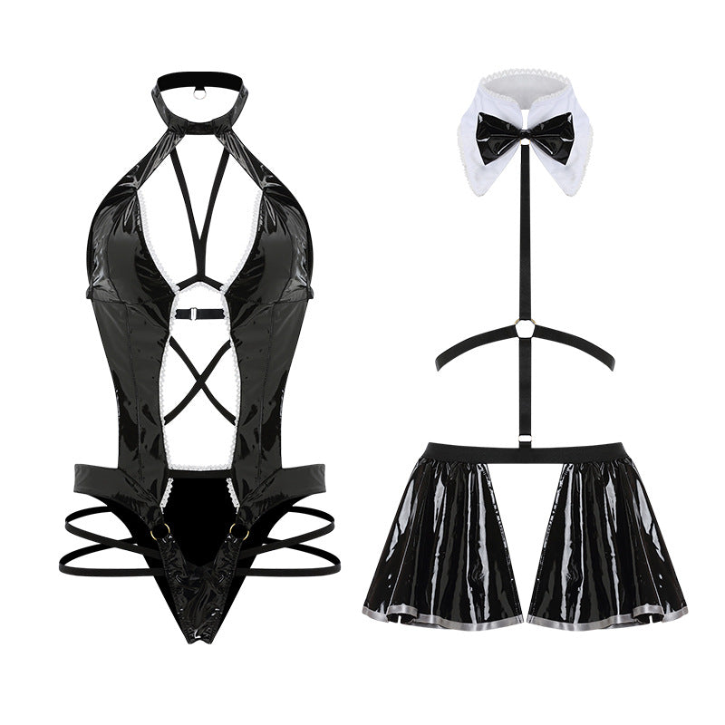 Hollow Backless Alluring Paint Leather Concealed Button One-piece Suit