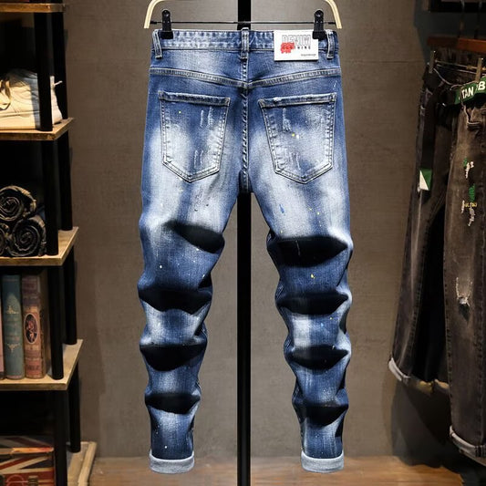 Nye efterårsmode-jeans til mænd med slidt look, alsidig slim-fit og stræk
