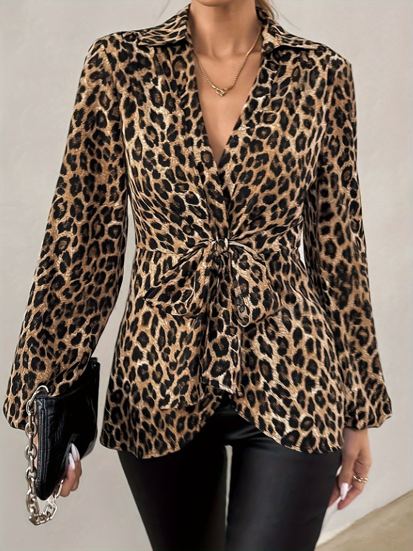 Printed Lace-up V-neck Elegant Long-sleeve Shirt