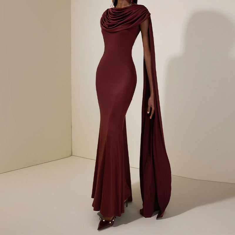 Womens Sleeveless Pleated Elegant Sheath Deep Red Dress