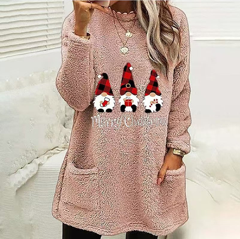 Julebrevtryk Rund Hals Løs Langærmet Lomme Fleece Sweatshirt