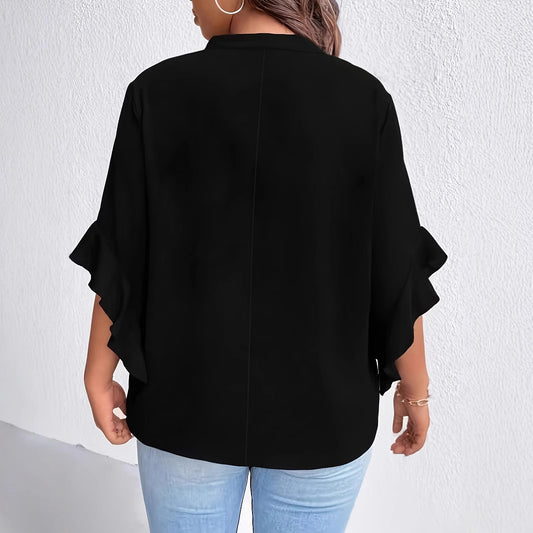 Plus Size Neckline Tie Ruffle Sleeve Faux Pearl Button Shirt