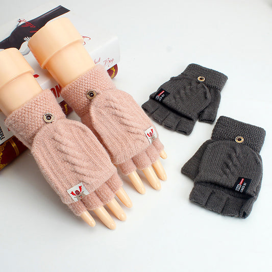 Thin Woolen Knitted Solid Color Clamshell Half-Finger Gloves