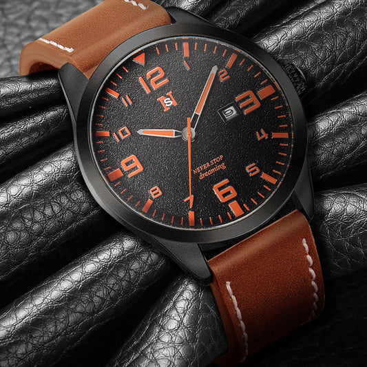 Mens Quartz Watch With A Leather Strap Large Dial And Calendar