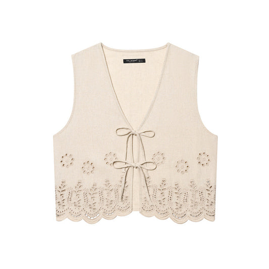 Women's All-matching Hollow Embroidered V-neck Lace-up Sleeveless Waistcoat Vest