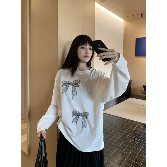 Bow Print Long-sleeved T-shirt Women's Thin Loose Top