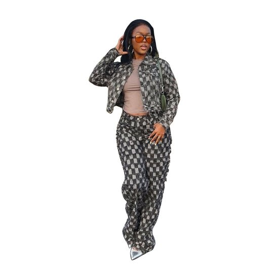 Casual Jacquard Plaid Washed Denim Suit