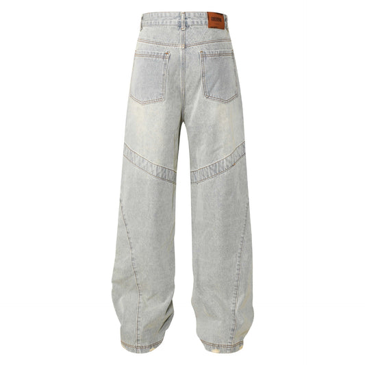 High Street American Stitching Patchwork Cat Beard Worn Jeans