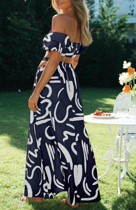 Women's Bubble Sleeve Hollow-out Large Swing Dress Split Skirt Suit