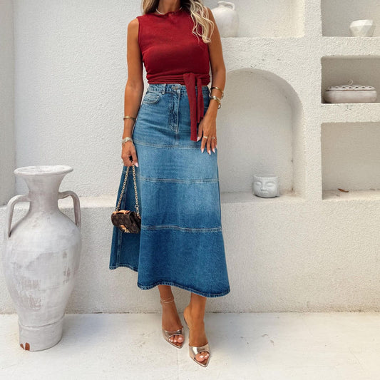 Kvinders Retro Højtaljede Casual Denim Midinederdel