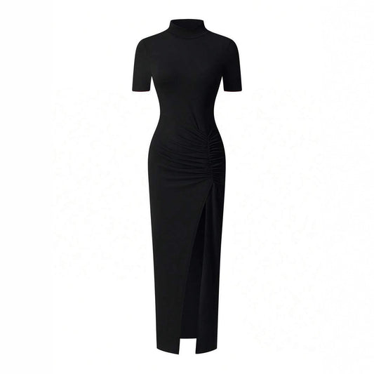 Womens Solid-Colored Short-Sleeve Mock Neck Pleated Slit Dress