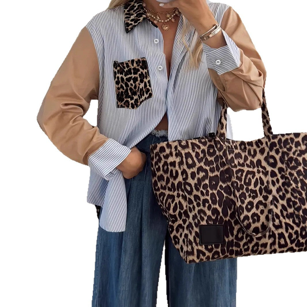 Dame Løs Leoprint Patchwork Stribet Skjorte