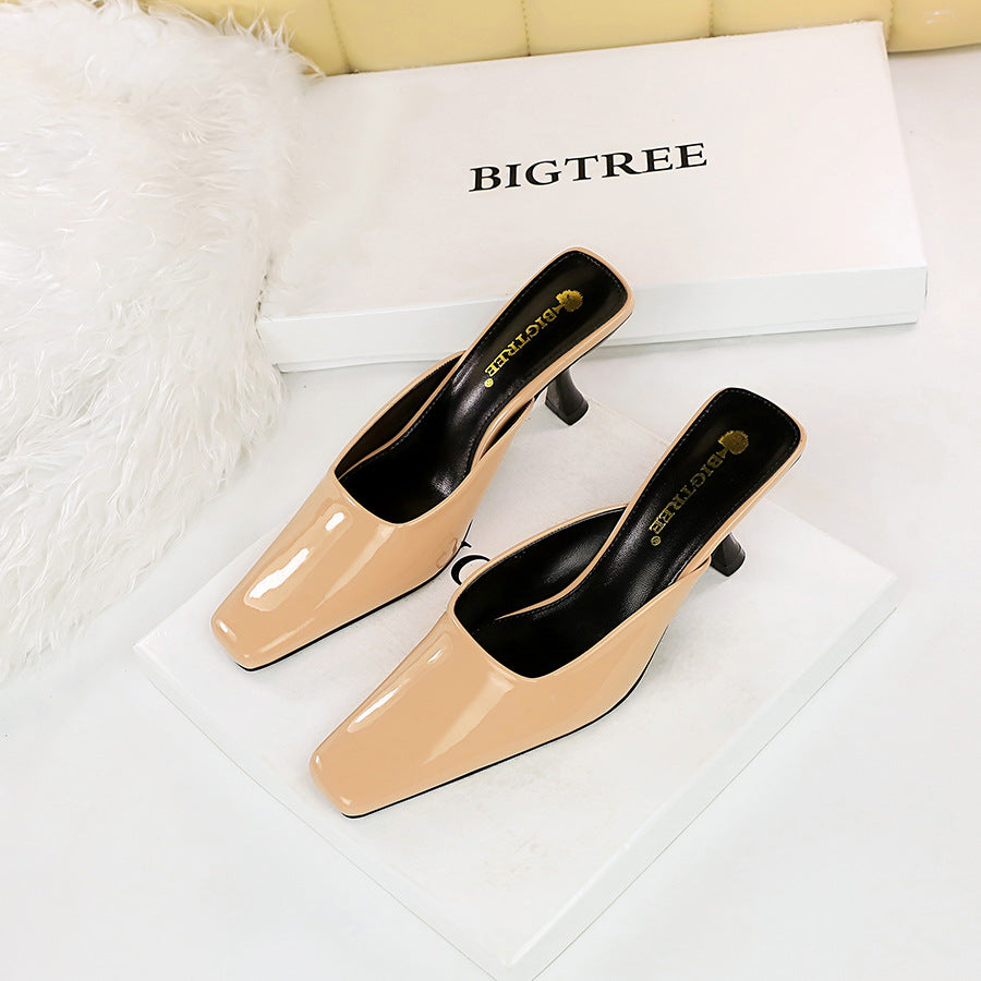 Simple High-heeled Square-toe Shallow-mouth Glossy Patent Leather Slippers
