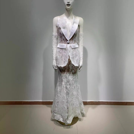 Suit Collar Sequined Lace Stitching High Waist Long Fishtail Skirt