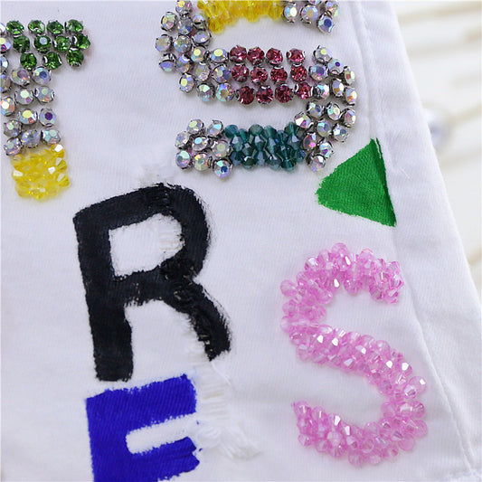 Heavy Industry Letters Diamonds Show Thin Raw Edge Stretch Slim White Denim Shorts