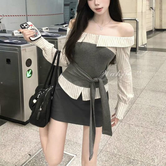 Early Autumn Color-blocking Striped Design Off-shoulder Slim-fit Top And Skirt Set