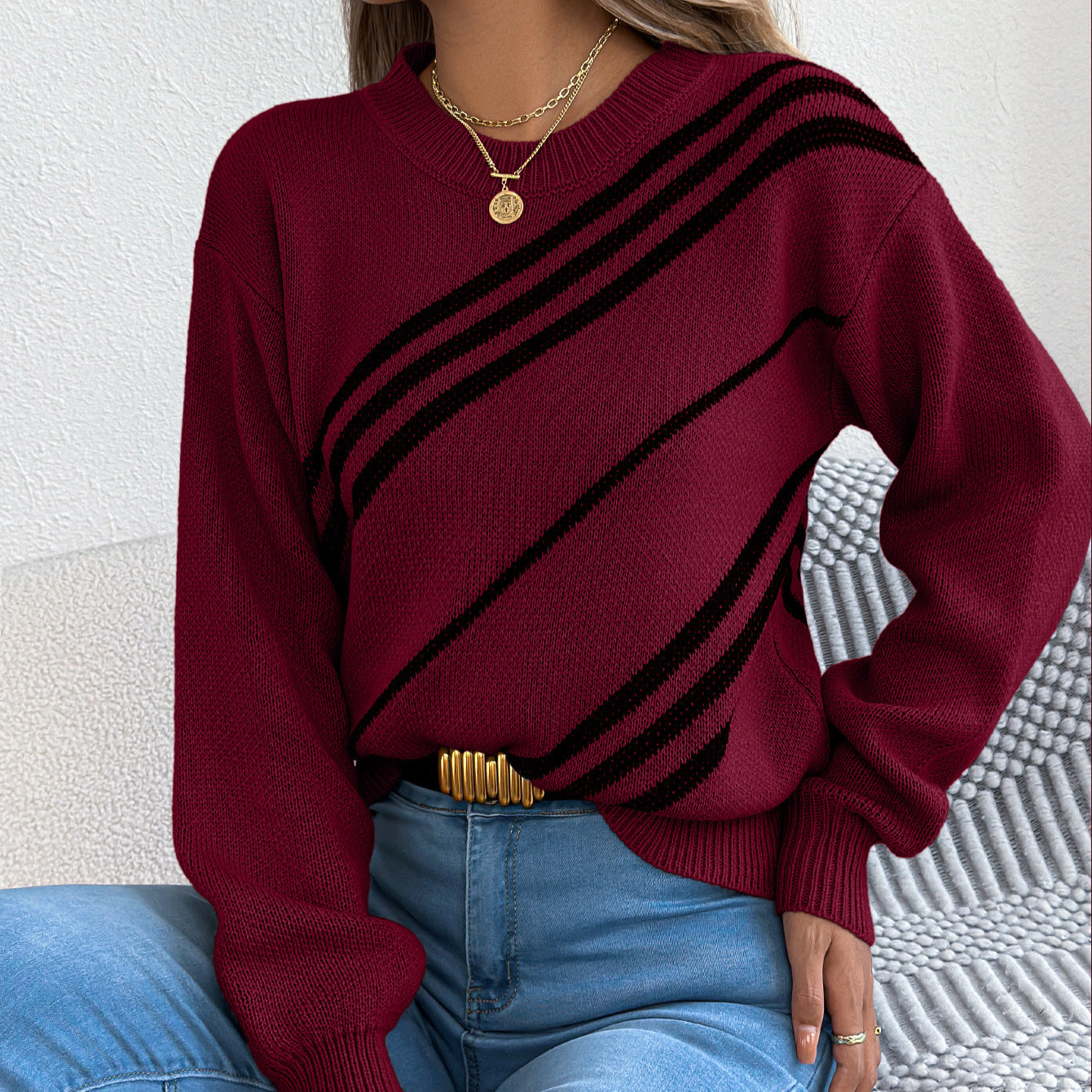 Women's Casual Striped Round Neck Lantern Long Sleeve Pullover Sweater