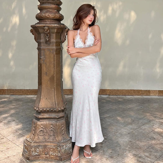 Sexy Halterneck Lace-trimmed Floral Dress For Women