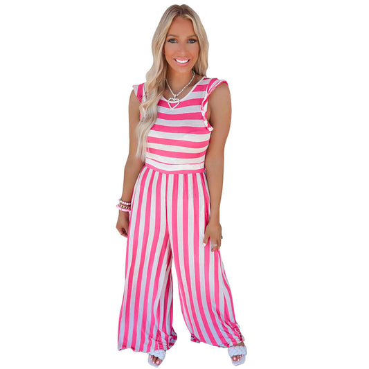 New Striped Crew Neck Sleeveless Casual Jumpsuit