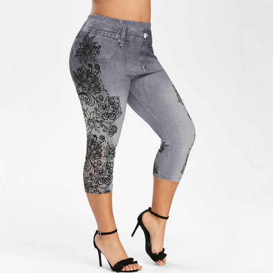 Mid-rise Printed Faux Denim Skinny Cropped Pants
