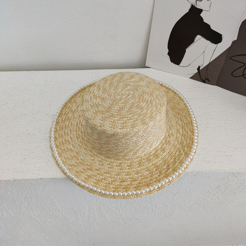 Women's Hand Sewn Pearl Flat Top Straw Hat