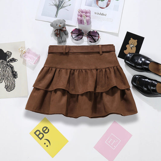 Brown Suede Cake Skirt For Women