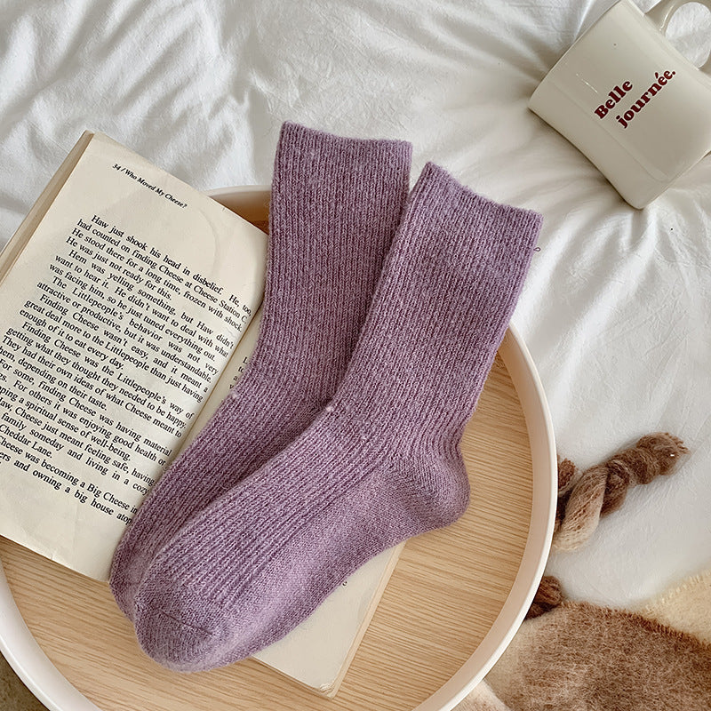 Solid-color, Fleece-lined, Extra-thick Warm Wool Socks For Women