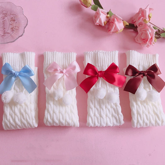 Girls' Daily Knitting Pile Of Wool Ball Bow Socks