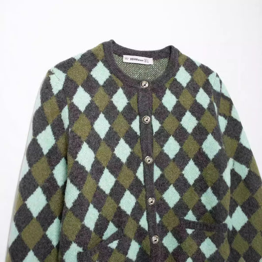 Diamond Pattern Jacquard Round Neck Knitted Cardigan Jacket