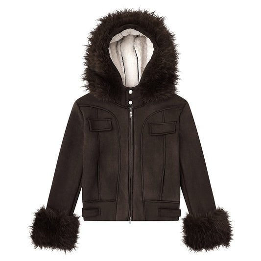 Womens Retro Detachable Big Fur Collar Hooded Padded Coat Slim Fit