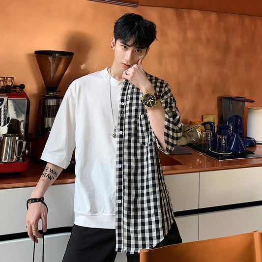 Men's stitching check half-sleeved loose shirt
