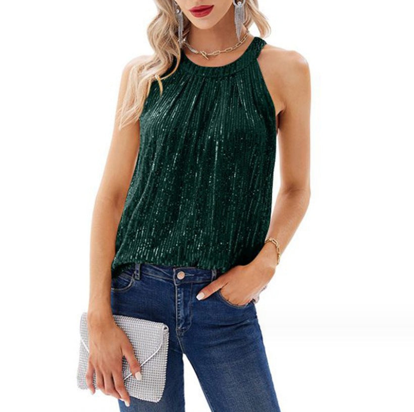 Women's Halter Round Neck Top Sequin Camisole