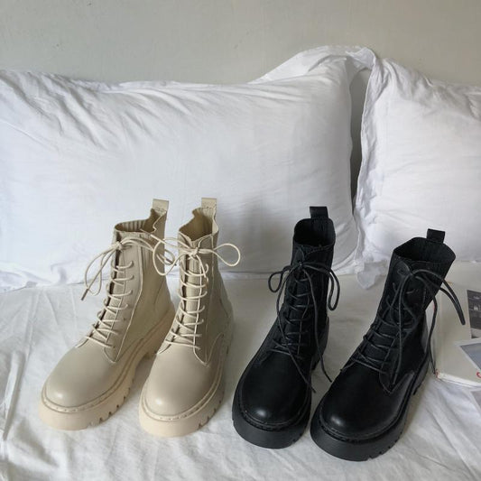 All-match Lace-up Platform Stitching Short Boots