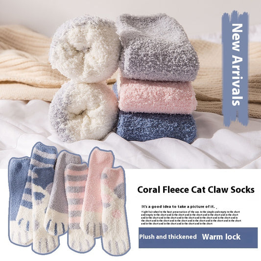 New Coral Velvet Cat's Paw Socks For Women Fleece Lined Padded Warm Keeping
