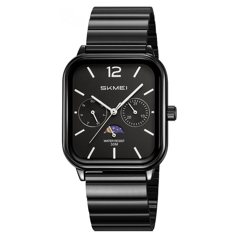 Stylish Multifunctional Square Watch With A Six-hand Moon Phase Display Designed For Business And Featuring Water Resistance